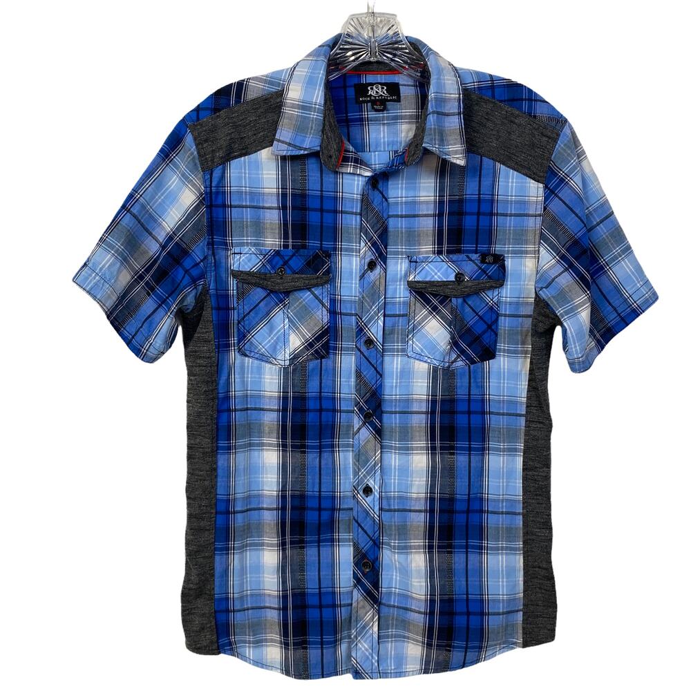 Men's S ROCK & REPUBLIC Plaid Short Sleeve Shirt Stretch Blue Black White